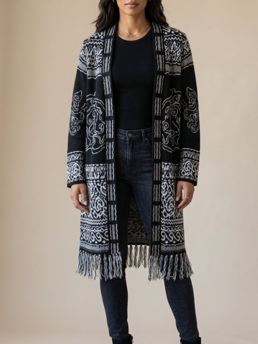 PaisleyBlack White Patterned Fringe Applique Open-Front Women's Sweater Cardigan